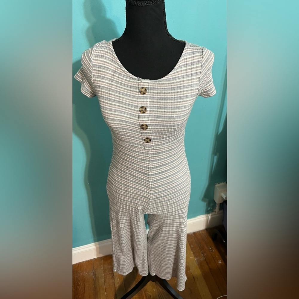 art class Short-Sleeve Striped Knit Jumpsuit in Light Green and Beige